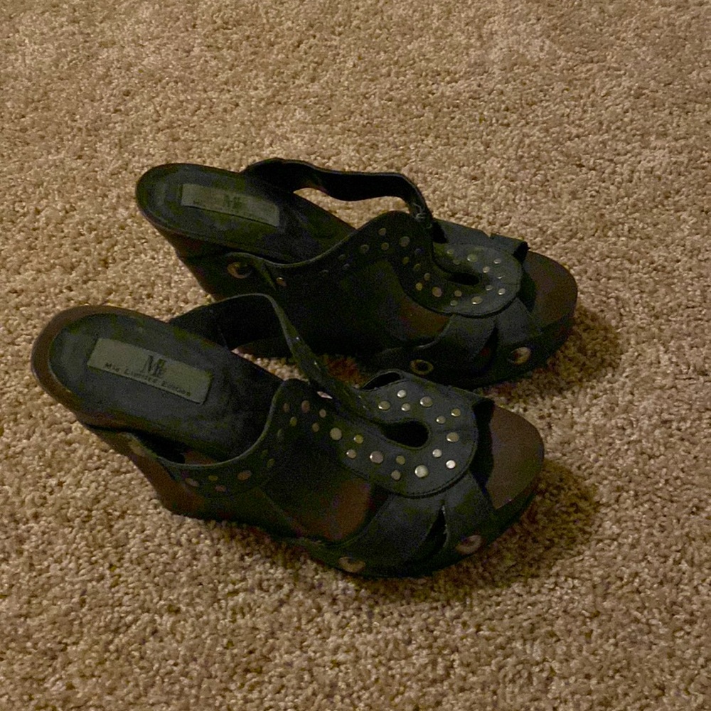Navy/gray metal embellished wedges. Worn only for a few hours